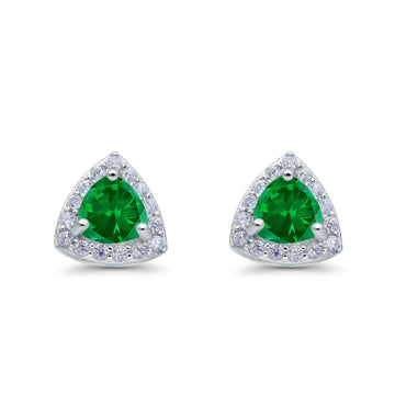 Halo Stud Earrings Simulated Green Emerald CZ Round 925 Sterling Silver(8mm)